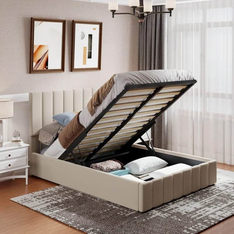 Upholstered hydraulic storage bed with lift-up frame