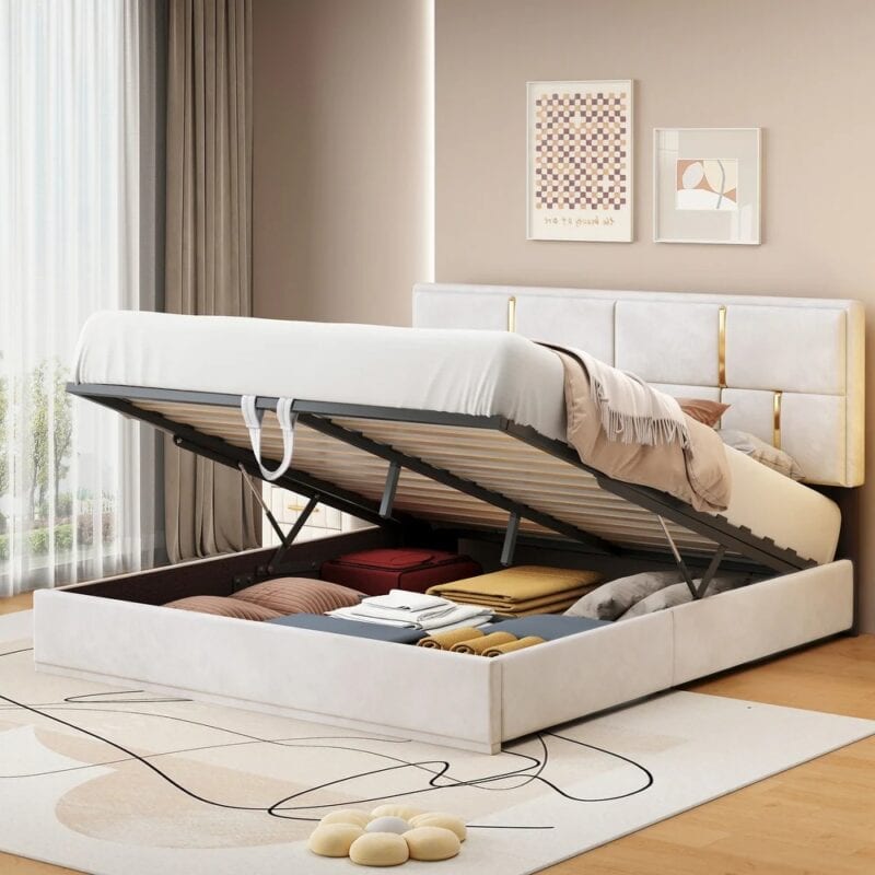 Modern upholstered hydraulic bed with hidden storage space